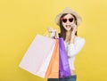 Happy young woman holding shopping bags and talking on mobile phone Royalty Free Stock Photo