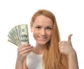 Happy young woman holding up cash money dollars Royalty Free Stock Photo