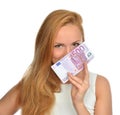 Happy young woman holding up cash money five hundred euro Royalty Free Stock Photo