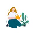 Happy young woman is holding a watering can and waters her plant. Cartoon flat style character. Hand drawn concept Royalty Free Stock Photo