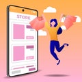 Jumping happy young woman holding 4 shopping bags, shopping online on mobile phone vector, flat style illustration Royalty Free Stock Photo