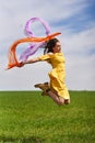 Happy young woman jumping for joy on a wheat field Royalty Free Stock Photo