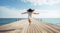 happy young woman jumping on wooden pier at beautiful beach in summer vacation Generative AI Royalty Free Stock Photo
