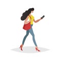 Happy young woman with long black hair walking and looking smartphone. Flat modern trendy design style. Urban girl drawing. Royalty Free Stock Photo