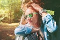 Happy young woman looking through the window car Royalty Free Stock Photo