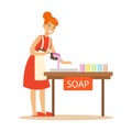 Happy young woman making homemade soap. Craft hobby and profession colorful character vector Illustration