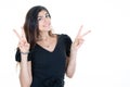 Happy young woman making peace sign with two fingers hands standing isolated over white background in Victory palm gesture concept Royalty Free Stock Photo