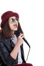 Happy young woman with microphone Royalty Free Stock Photo