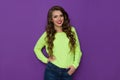 Happy Young Woman In Neon Green Vibrant Sweater