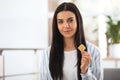 Happy young woman with nicotine patch