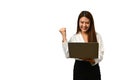 Happy young woman office worker reading great news on laptop, celebrating success isolated on white background Royalty Free Stock Photo