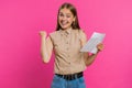 Happy Young woman open envelope take out letter reads, bank loan approve, great news, award, win Royalty Free Stock Photo