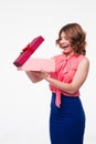 Happy young woman opening gift box Royalty Free Stock Photo