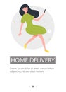 Happy young woman orders goods online. Flyer design for delivery service. Vector illustration.