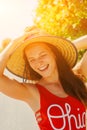 Happy young woman outside, pretty healthy girl relaxing outside, nature fun and joy Royalty Free Stock Photo