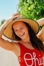 Happy young woman outside, pretty healthy girl relaxing outside, nature fun and joy Royalty Free Stock Photo