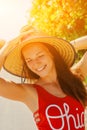 Happy young woman outside, pretty healthy girl relaxing outside, nature fun and joy Royalty Free Stock Photo