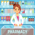 Happy young woman pharmacist sells medications in pharmacy interior. Pharmacology and healthcare vector concept