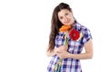 Happy young woman in a plaid shirt with gerbera flowers isolated Royalty Free Stock Photo