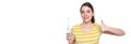 happy young woman pointing finger on electric toothbrush isolated on white background Royalty Free Stock Photo