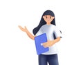 Happy young woman pointing and showing smth with hand 3D illustration. Smiling secretary or businesswoman explaining