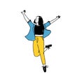 Happy young woman with raised hands, jumping on one leg. Cartoon female student vector doodle illustration. Carefree