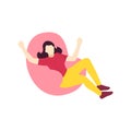 Happy young woman relaxing sit on lounge soft bean bag chair or the sacco chair people character flat design vector Royalty Free Stock Photo