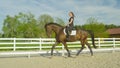 Happy young woman riding her muscular mare around the paddock on a sunny day. Royalty Free Stock Photo