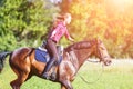 Happy young woman riding horse at sunny summer day Royalty Free Stock Photo