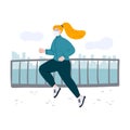 Happy young woman running along a riverside. City view park near a river. Cartoon flat style hand drawn concept