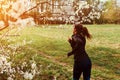 Happy woman running in spring forest. Helathy lifestyle Royalty Free Stock Photo