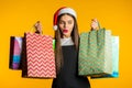 Happy young woman in Santa hat with colorful paper bags after shopping isolated Royalty Free Stock Photo