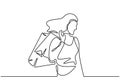 Happy young woman with shopping bags. Continuous one line drawing of girl buying things. Minimalism and simplicity vector