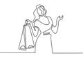 Happy young woman with shopping bags. Continuous one line drawing of girl buying things. Minimalism and simplicity vector Royalty Free Stock Photo