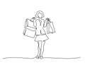 Happy young woman with shopping bags one line drawing Royalty Free Stock Photo