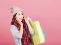 Happy young woman with shopping bags. Winter sale Royalty Free Stock Photo