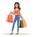 Happy young woman shopping with multiple bags, smiling female shopper in casual clothes, fashion and retail vector