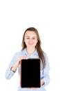 Happy young woman showing blank black tablet computer screen Royalty Free Stock Photo