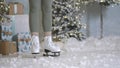 Happy young woman skates on ice rink