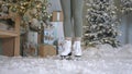 Happy young woman skates on ice rink