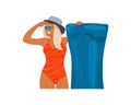 Happy young woman slim body wear red swimsuit holding blue air mattress Royalty Free Stock Photo