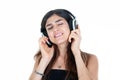 happy young woman smile with headphones on head closed eyes positive emotional on white background