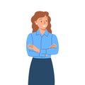 Happy young woman. Smiling secretary or businesswoman explaining and presenting smth. Colored flat