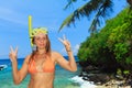 Happy young woman in snorkeling mask on tropical island beach