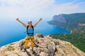 Happy young woman stand on mount top Royalty Free Stock Photo