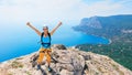 Happy young woman stand on mount top Royalty Free Stock Photo