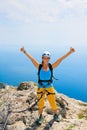 Happy young woman stand on mount top Royalty Free Stock Photo