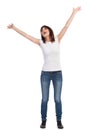 Happy Young Woman Is Standing With Arms Outstretched And Shouting Royalty Free Stock Photo