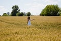 Happy young woman on the sunset or sunrise in summer nature. wedding highlights, portrait in field. cheerful young woman on field Royalty Free Stock Photo