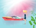 Happy young woman surrounded by green money. Ship at sea transport, shipping boats in vector